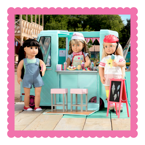 Dolls eating ice cream from ice cream truck