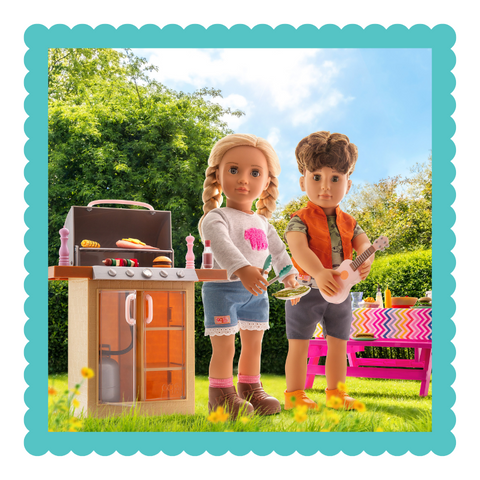 Two dolls having a barbecue