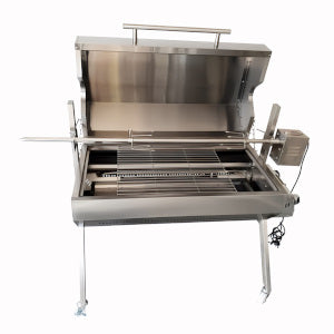 1000 mm Charcoal & Gas Dual Fuel BBQ Spit Roaster showing the 30 kg rated motor with the hood open