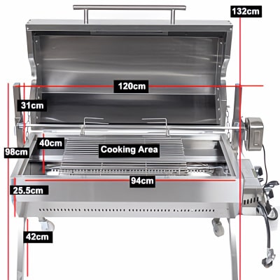 1000 mm Charcoal & Gas Dual Fuel BBQ Spit Roaster showing dimensions