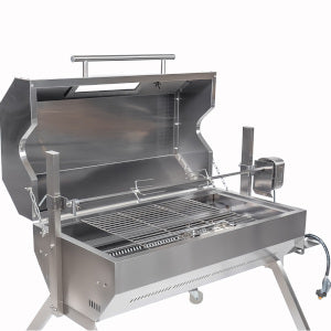 1000 mm Charcoal & Gas Dual Fuel BBQ Spit Roaster showing the 10 kg rated motor with the hood open