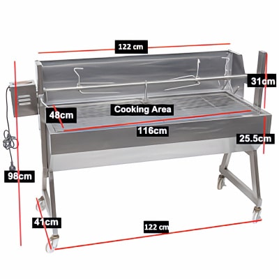 1200 mm Spartan BBQ Spit Roaster Rotisserie showing dimensions
