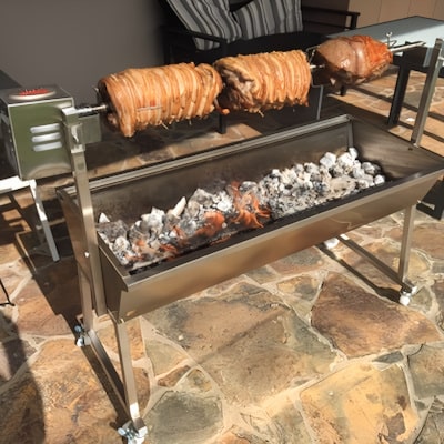 1200mm BBQ Spit Rotisserie | The Master | Charcoal with 3 roast meats cooking