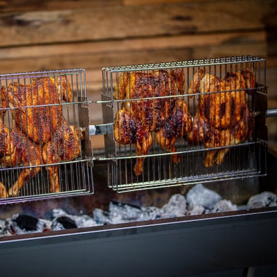 1200mm BBQ Spit Rotisserie | The Master | Charcoal with chickens cooking a basket
