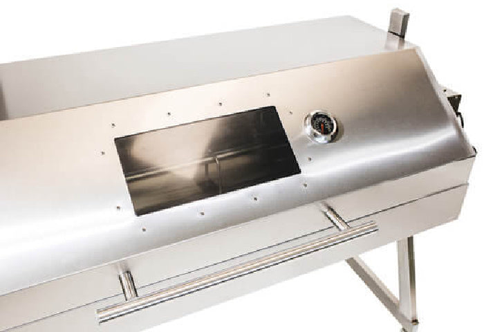 1200 mm Spartan Spit Rotisserie Roaster with the hood closed showing dimensions