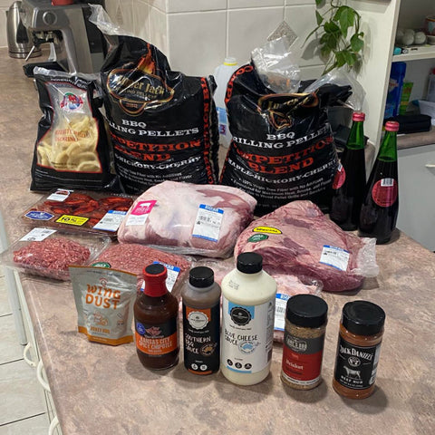 BBQ Smoker | Everything ready for pre cook - Marinades, meat, spices, rubs, pellets and dipping sauces