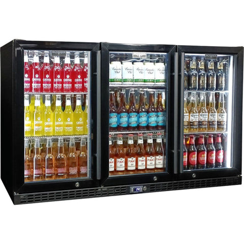 Bar Fridge | 3 door Schmick front view with all 3 sides full of drinks