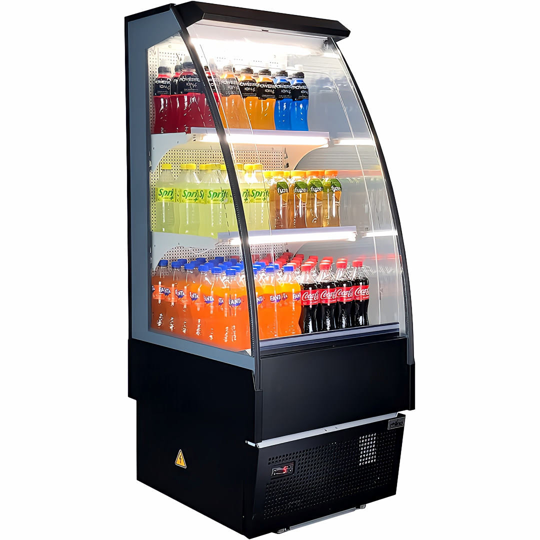 Commercial Fridge | Open Display Rhino TK-6 front right view of fridge full of drinks