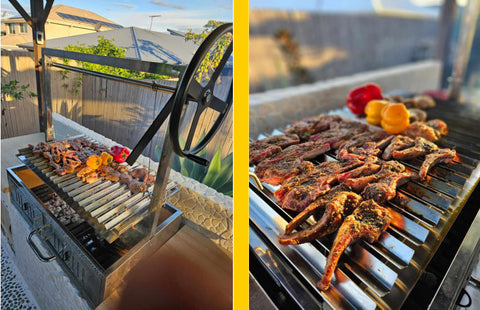 Close up of food cooking on a custom bbq area using a parrilla grill with firebricks