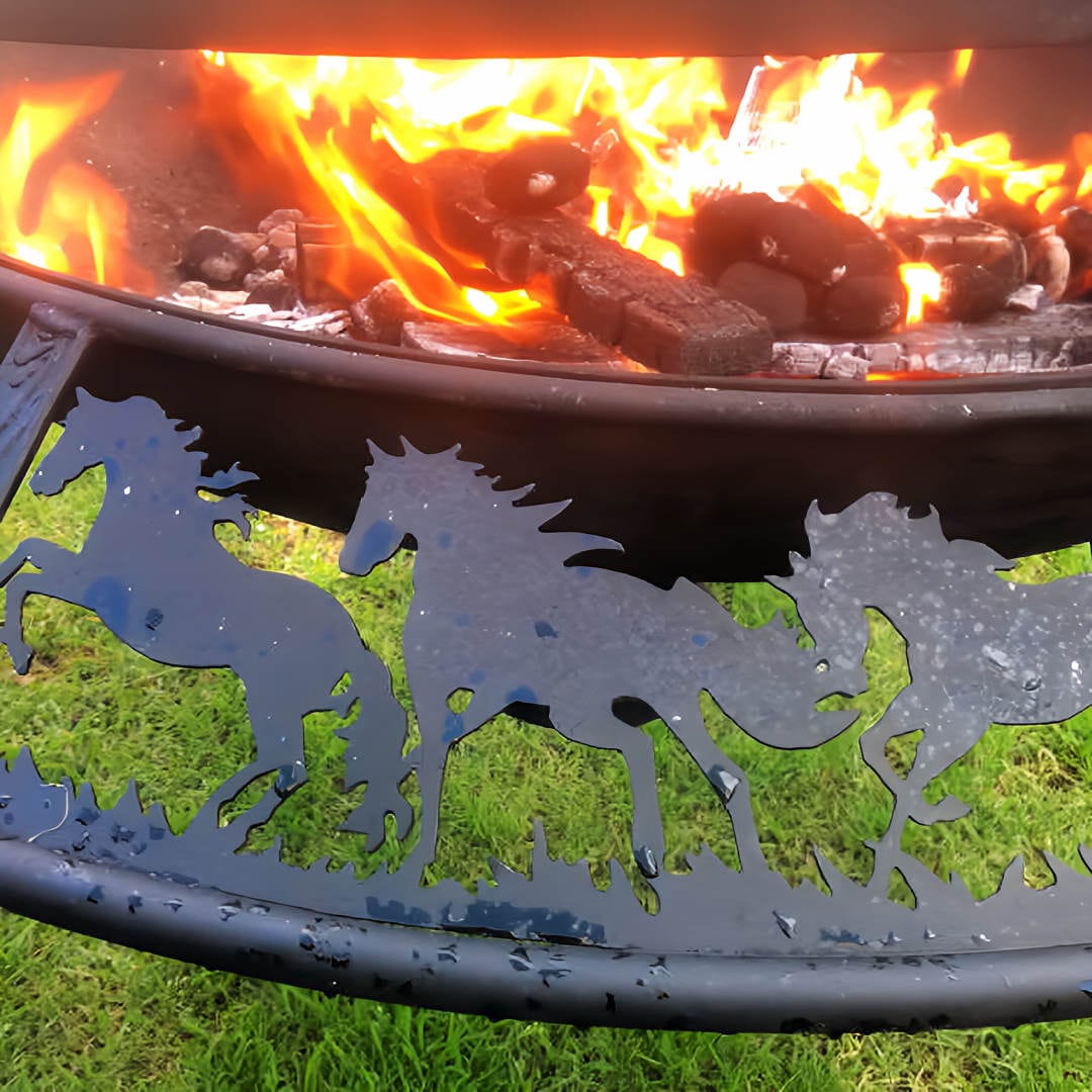 BBQ Grill and Fire Pit close up view of out rim cowboy design