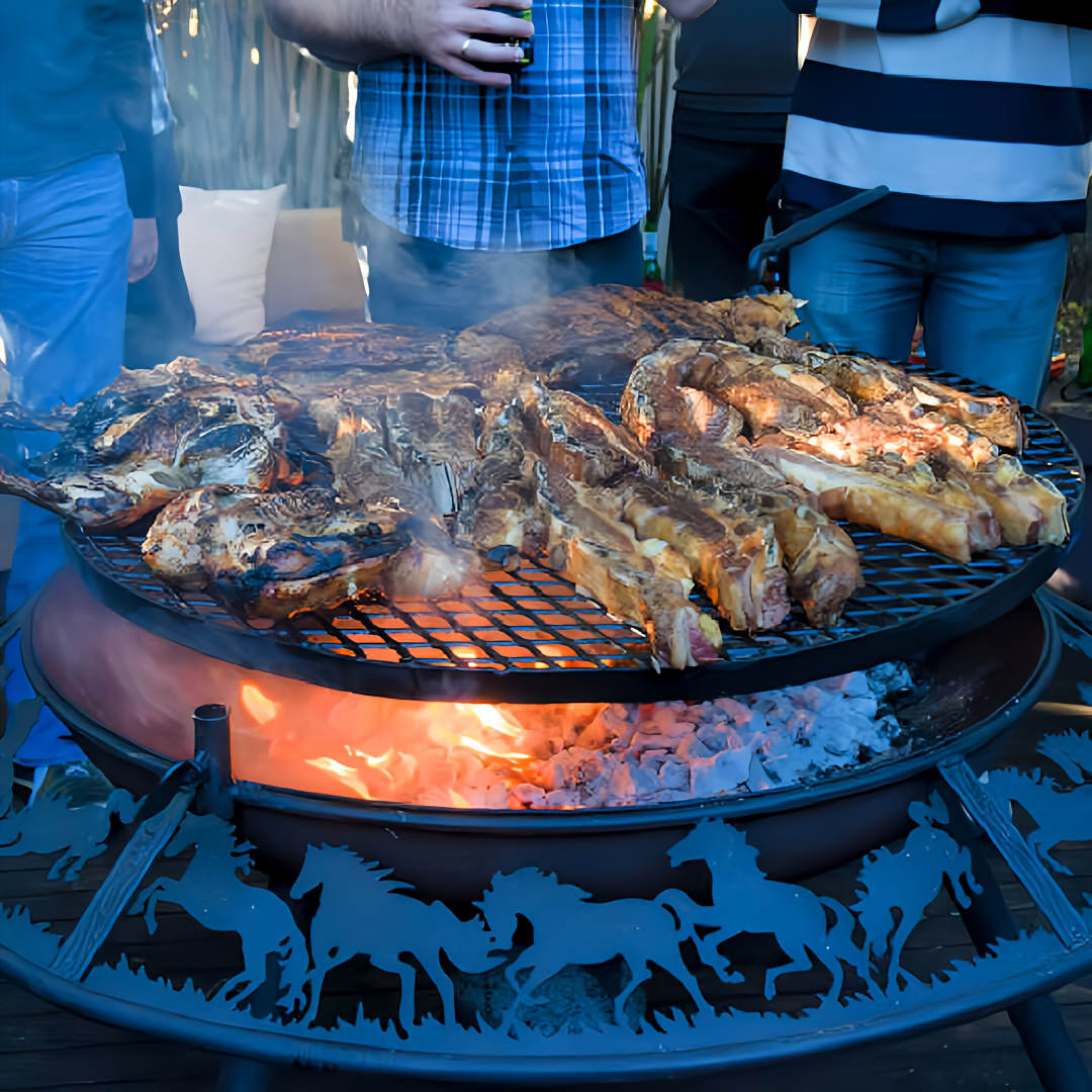 BBQ Grill and Fire Pit | close up view of cowboy design with mates standing around watching meat cook on the grill