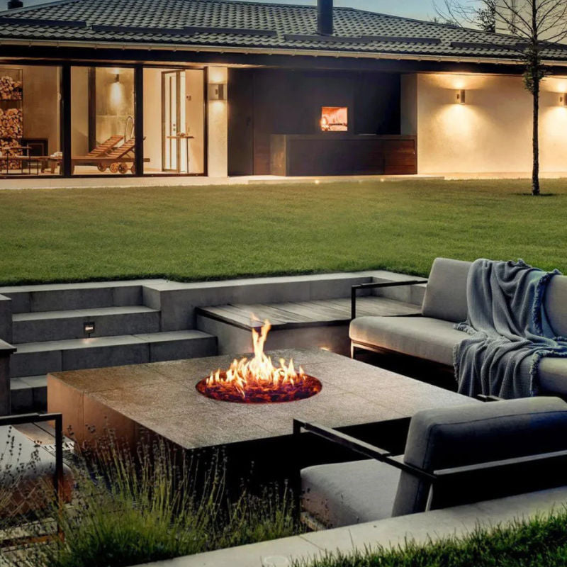Fireplace | Planika Galio Star Insert  built into an outdoor table