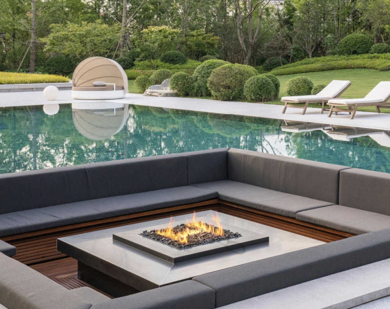 Fireplace | Planika Gas H Insert near a pool in an outdoor area