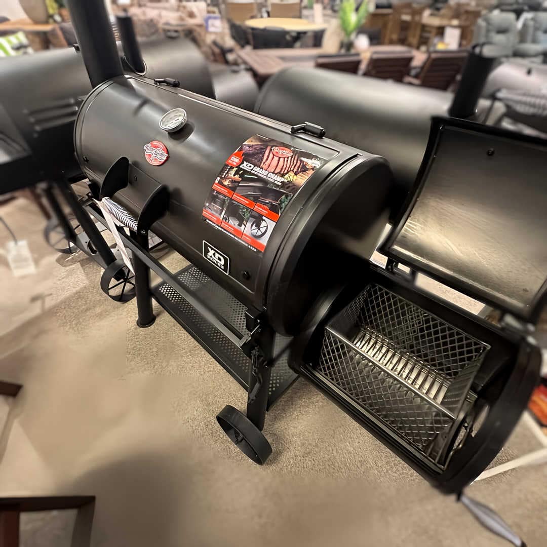 close up view of a BBQ smoker for sale in the showroom