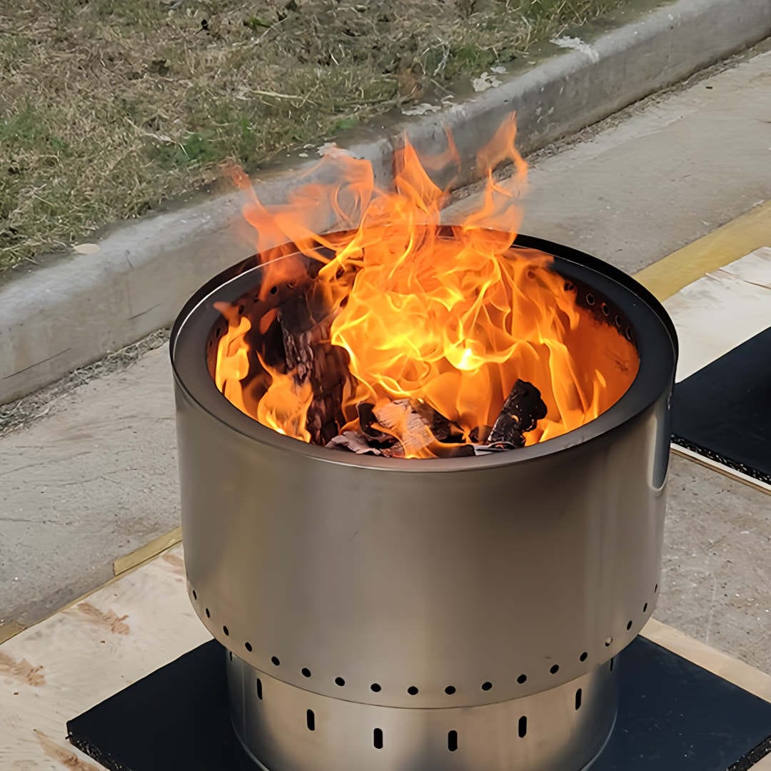 Smokeless Fire Pit top view with a roaring fire inside