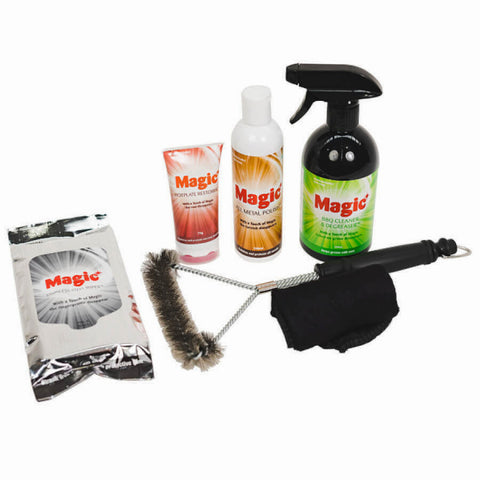Spit Roaster | Cleaning pack showing stainless steel wipes, micro-fibre cloth, BBQ cleaner, and write brush