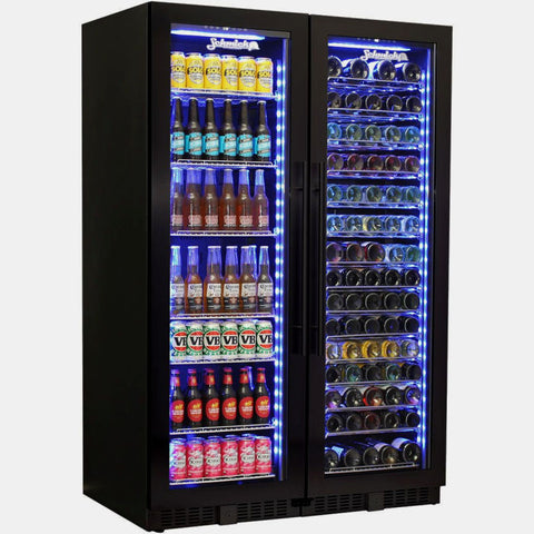 Bar Fridge | Upright combo beer and wine fridge full of drinks with blue LED interior lights on