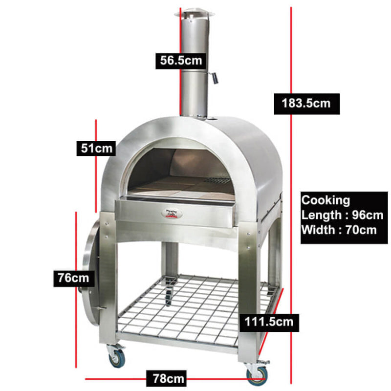wood fired pizza oven with dimensions showing
