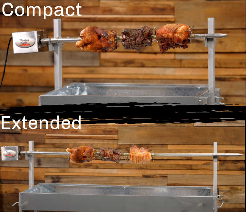 Extendable BBQ Spit Roaster showing the spit in use as a compact and extendable form