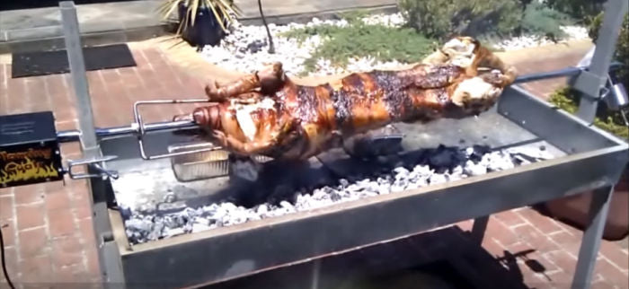 Extendable BBQ Spit Roaster  with pig on extended length