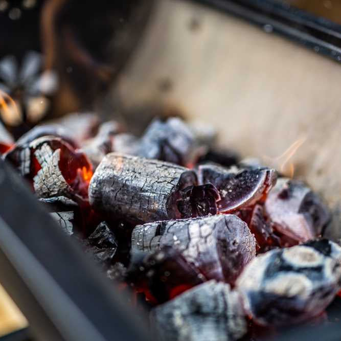 Gidgee charcoal in a charcoal pan smoldering