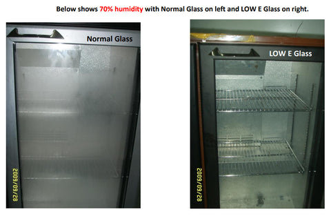 comparison between normal glass and LOW-E glass on fridges with respect to the condensation at 70% humidity