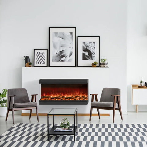 Indoor gas fireplace ina  sleek white interior with designer furniture