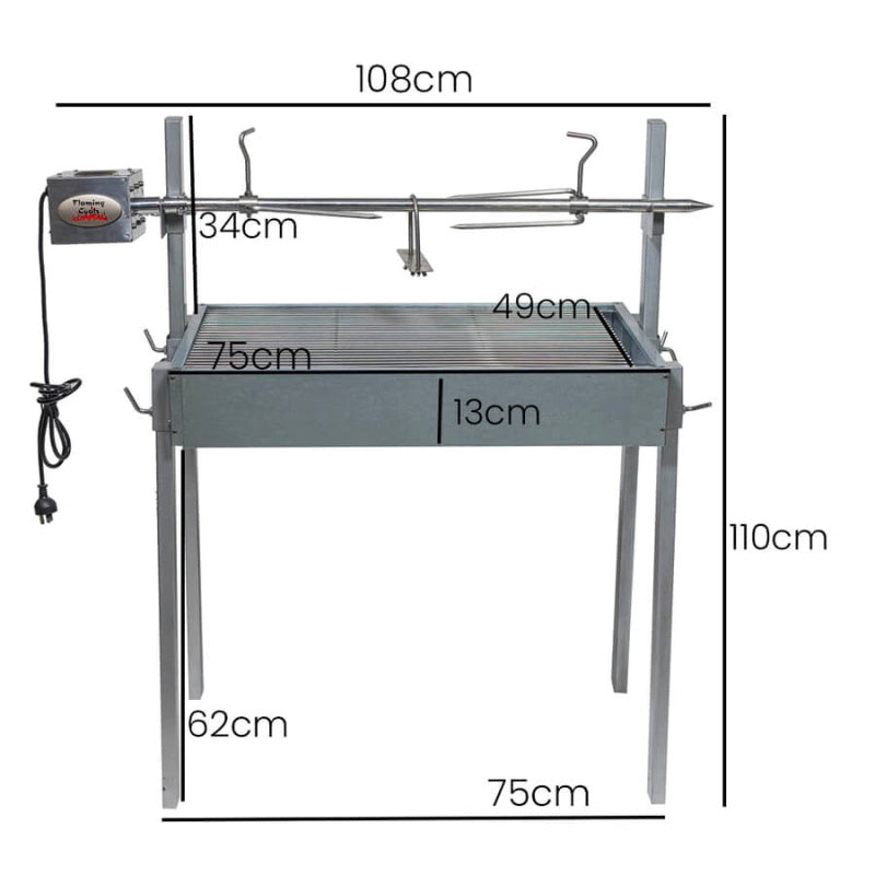 Extendable BBQ Spit Roaster  showing the dimensions