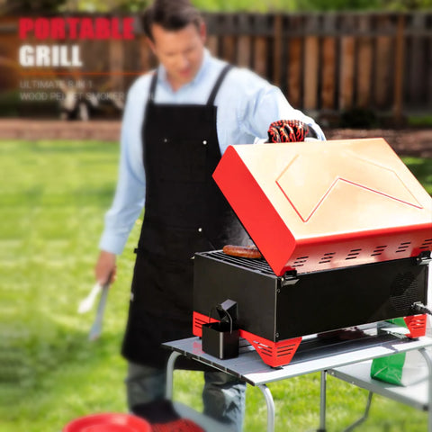 Portable pellet smoker showing a person opening the lid