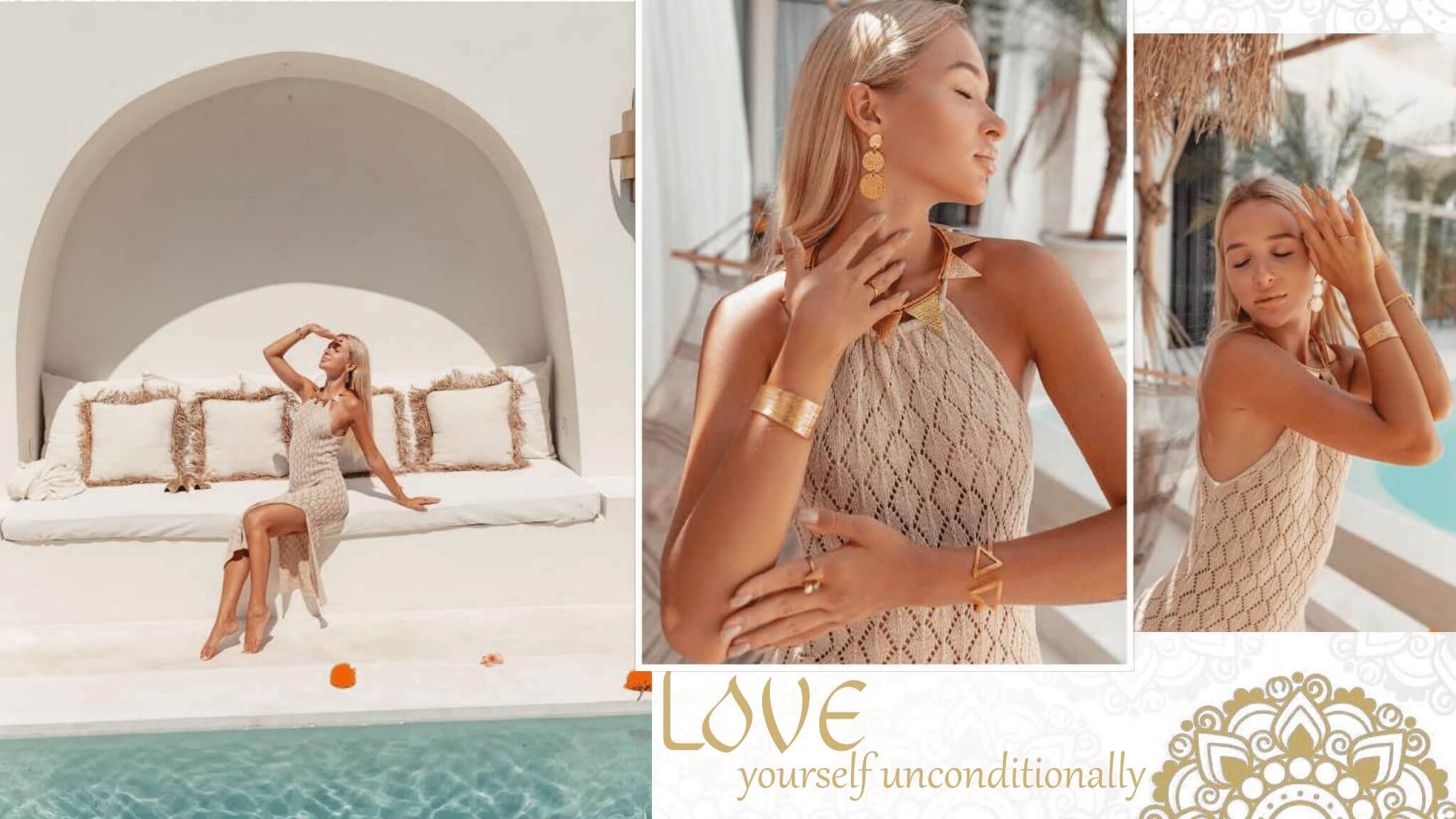 A blonde girl modeling sustainable jewelry wearing a cream crochet dress with a white Santorini like background.