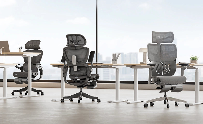 Open workspace featuring Hinomi ergonomic chairs and height-adjustable desks with a cityscape view.