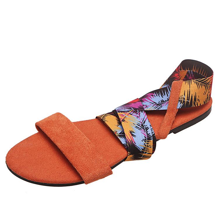 Women flat floral print ankle lace-up beach sandals
