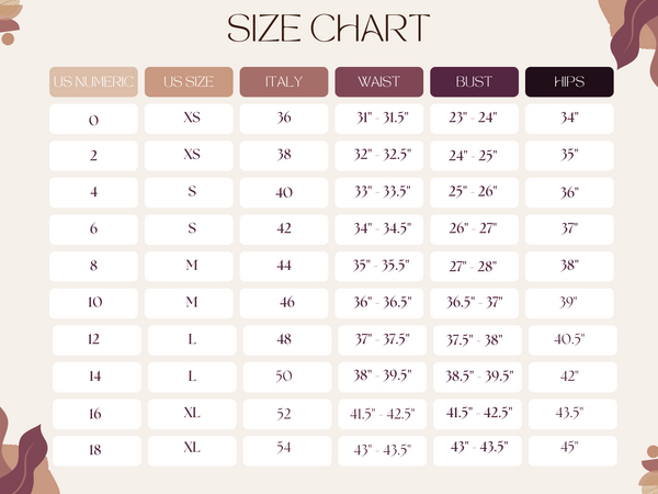 Size Chart Novecento Boutique