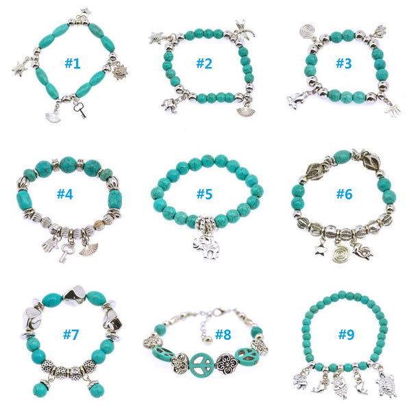 Hot Sale 8 Designs Animal & key & Star Elephants Bracelet Retro bohemian Style beaded Turquoise Fashion Women Bracelet Jewelry