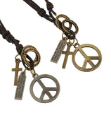Antique Vintage Cross Dog Tag Hollow Peace Symbol Pendant Necklace Men, Long Brown Leather Necklace Cord Men Jewelry Accessories