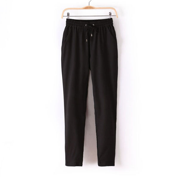 Hot Sale New Brand Casual Women Pants Solid Color Drawstring Elastic Waist Comfy Full Length Chiffon Harem Pants