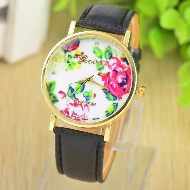 Fashion Leather GENEVA Rose gold Flower Watch Women Dress Watch Quartz ...