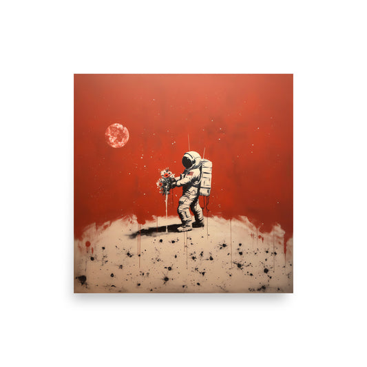 Banksy-Inspired Abstract Art: Love Blooms on Mars Wall Poster - Astronaut  with Roses Modern Home Decor Abstract Digital Artwork - UNFRAMED