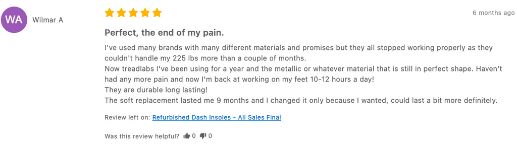 review of tread labs insoles stating that the molded arch supports lasted over 1.5 years.