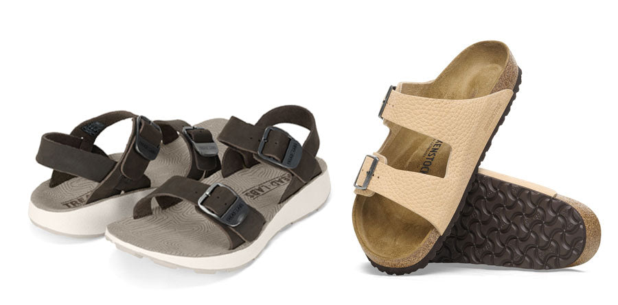 Tread Labs salinas leather sandals in brown next to birkenstock arizona leather in new beige