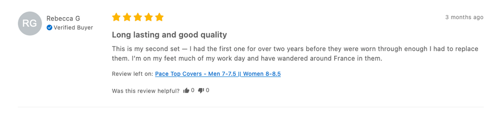 Screenshot of a Review of Tread Labs Insoles that says they are "Great Quality and Long Lasting"