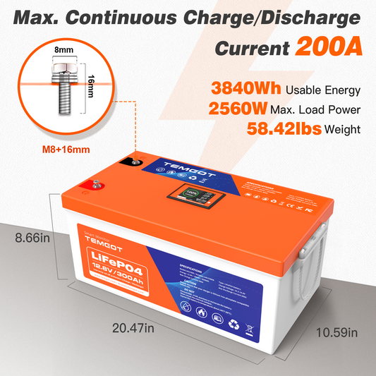 Temgot 12V 100Ah LiFePO4 Battery with Bluetooth, Deep Cycle Lithium Ba