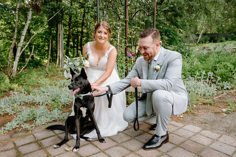 Summer wedding at the Herb Lyceum in Groton - bride and groom with their dog