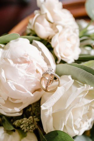 Summer wedding at the Herb Lyceum in Groton - bridal bouquet with peonies and wedding rings