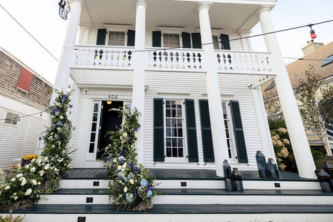 Coastal Blue Flower Installation at Strangers and Saints, Provincetown, Cape Cod Wedding