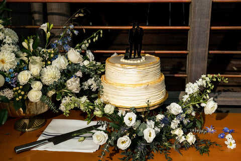 Wedding Cake with groom and groom cake topper at Strangers and Saints, Provincetown, Cape Cod Wedding