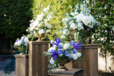 Elegant coastal blue ceremony flower arrangements at Strangers and Saints, Provincetown, Cape Cod Wedding