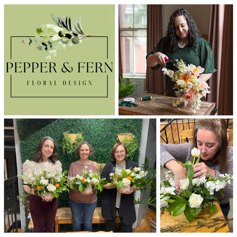 Pepper and Fern Floral Design create your own arrangement workshop photo collage. The collage includes images of Niki arranging flowers, a woman working on her own flower arrangement during the workshop, a photo of women holding the flower arrangements they created during a workshop and an image of Pepper and Fern's logo. 