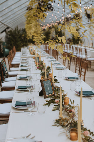 wedding reception tablescape at the Herb Lyceum greenhouse. Simple, clean design