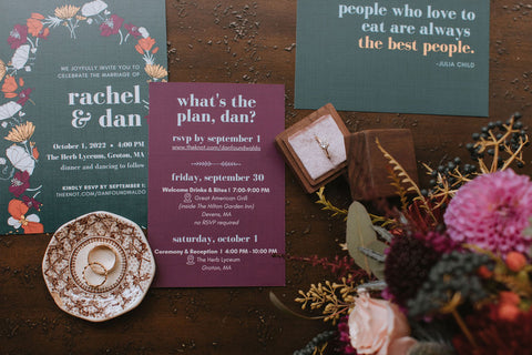 Fall wedding invitation suite with cheeky writing. Beautiful fall florals in the flatlay.